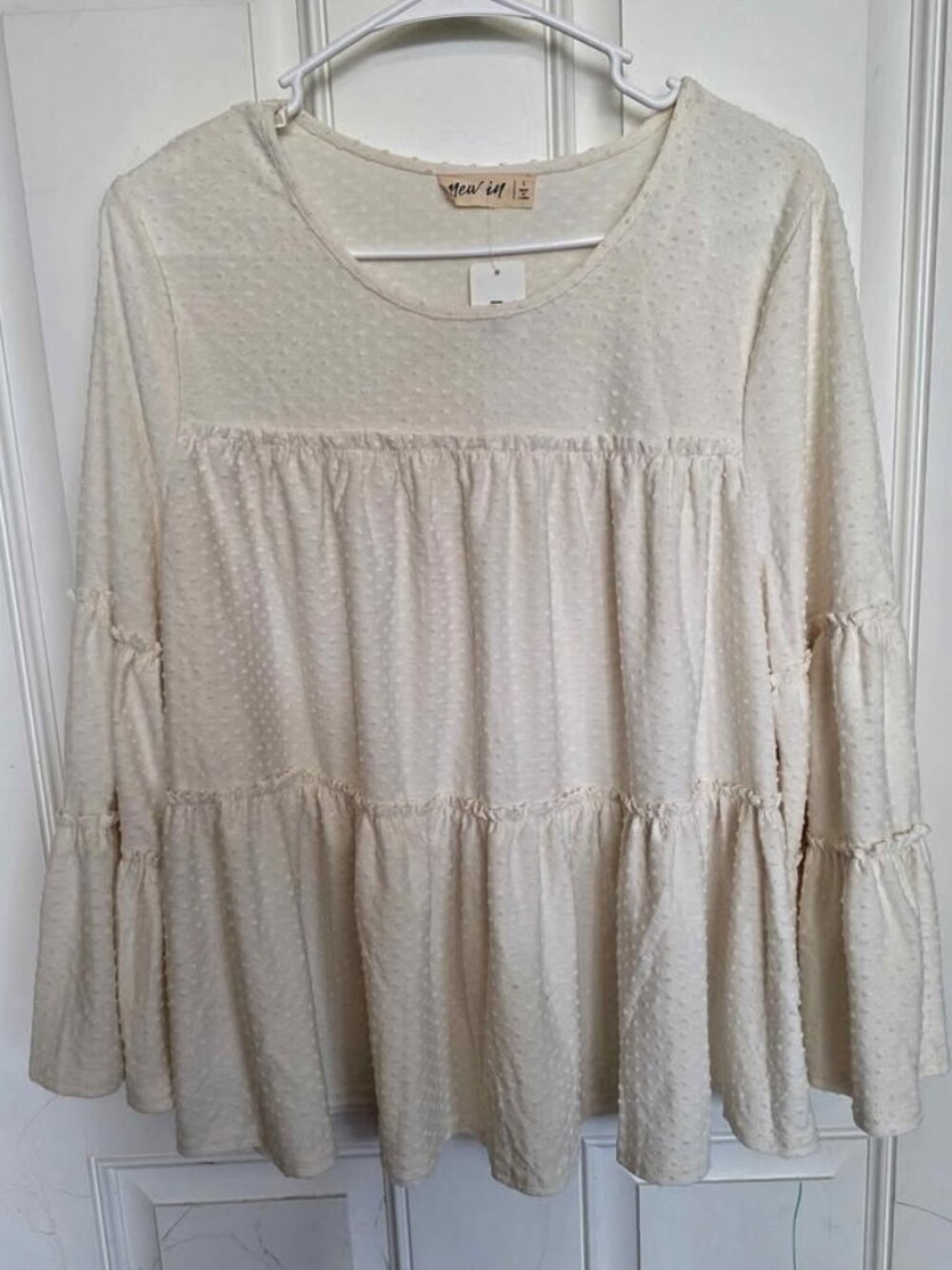 New In Cream Swiss Dot Tiered Babydoll Blouse Bell Sleeve Peplum Top Women’s L